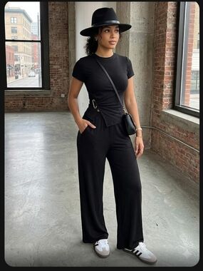 Women’s Black Wide Leg High Rise Rayon Set